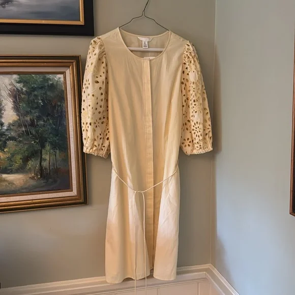 H&M NEW Summer Yellow Elegant Eyelet Dress Size L Embroidered Sleeves - Picture 3 of 9
